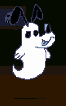 a pixel art of a ghost dog with a blue bow tie
