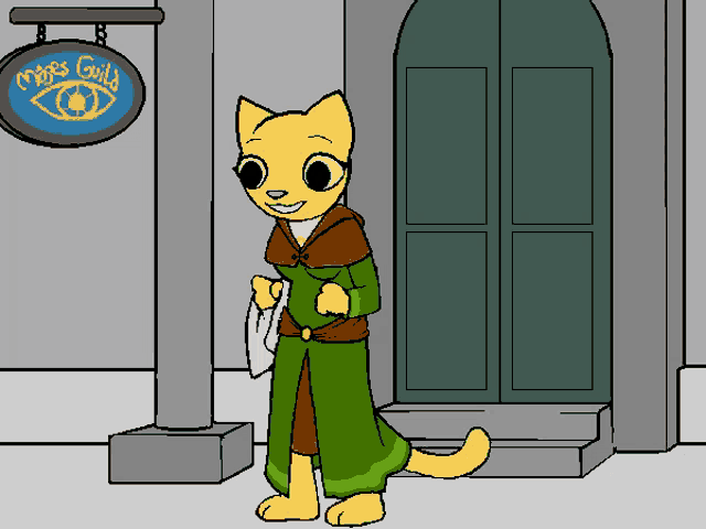 a cartoon of a cat standing in front of a sign that says magic guild