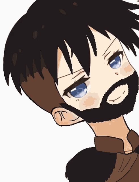 a cartoon character with a beard and blue eyes looks angry