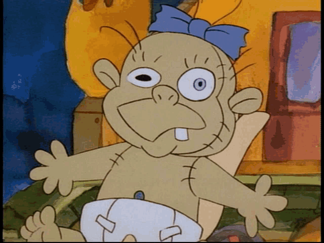 a cartoon baby in a diaper with a blue bow on her head