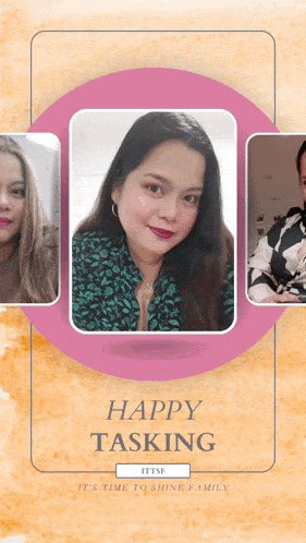 a collage of three photos of a woman with the words happy tasking at the bottom