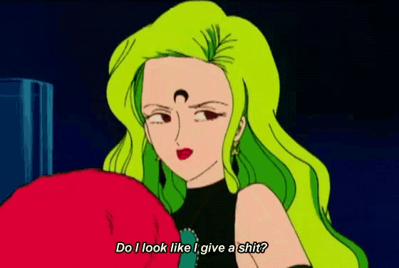 a cartoon of a woman with green hair and the words do i look like i give a shit