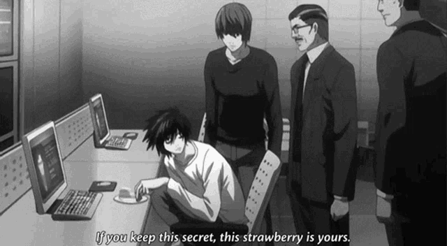 a man sits at a desk in front of a computer with the words " if you keep this secret this strawberry is yours "