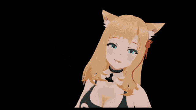 a blonde anime girl with cat ears and a choker waving her hand