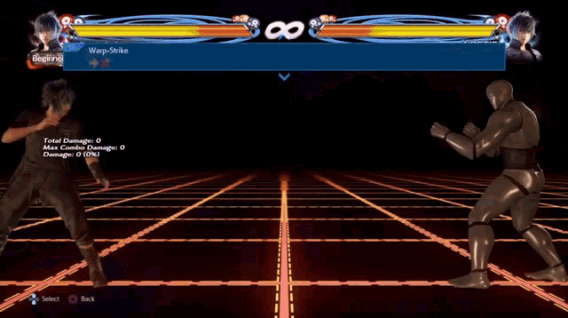 a video game screen shows two fighters fighting and the word warp-strike on the top