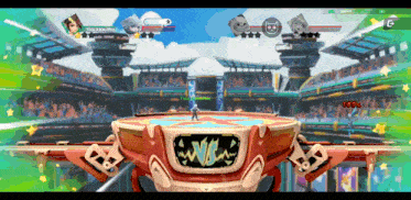 a video game screen shows a stadium with the word win on it