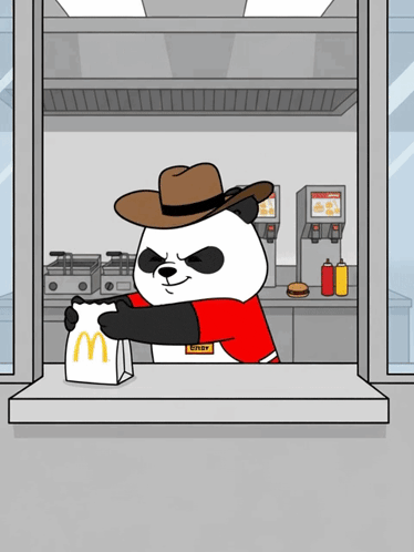 a panda bear wearing a cowboy hat and a mcdonald 's uniform
