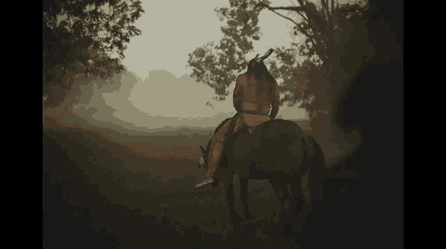 a man in a native american outfit is riding a horse in a field .