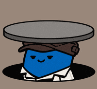 a cartoon of a blue cube wearing a brown hat and a white shirt