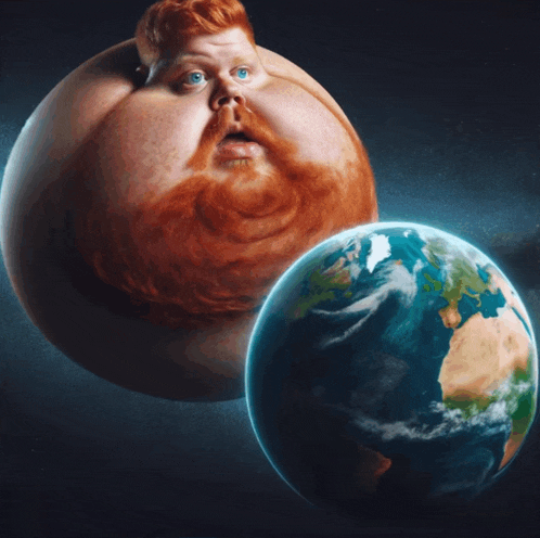 a cartoon of a man with a beard next to a planet