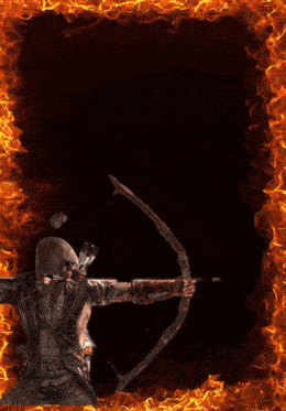 a man holding a bow and arrow in front of a fire background