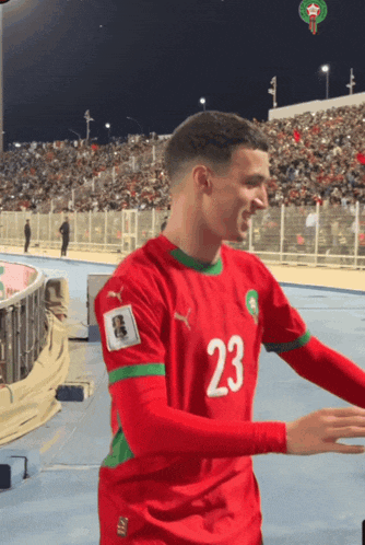 a soccer player wearing a red and green jersey with the number 23 on it