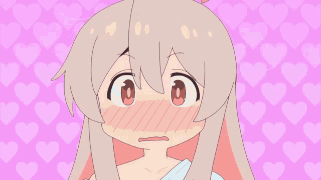 a drawing of a girl with hearts in the background covering her mouth