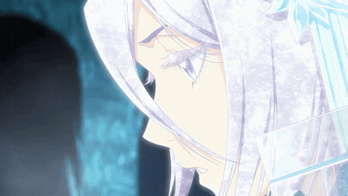 a close up of a girl with white hair and blue eyes