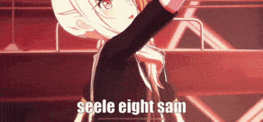 a girl in a black outfit is dancing with the words seele eight sam below her .