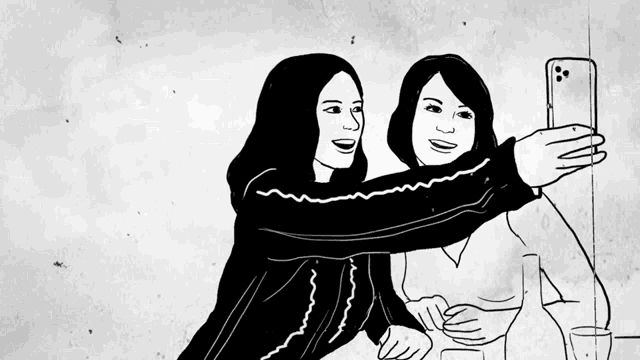 a black and white drawing of two women taking a selfie with the words why you gotta wear my sweater below them