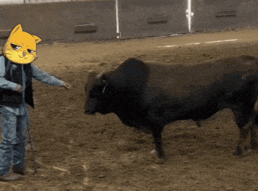 a man standing next to a bull with a cat mask on his face
