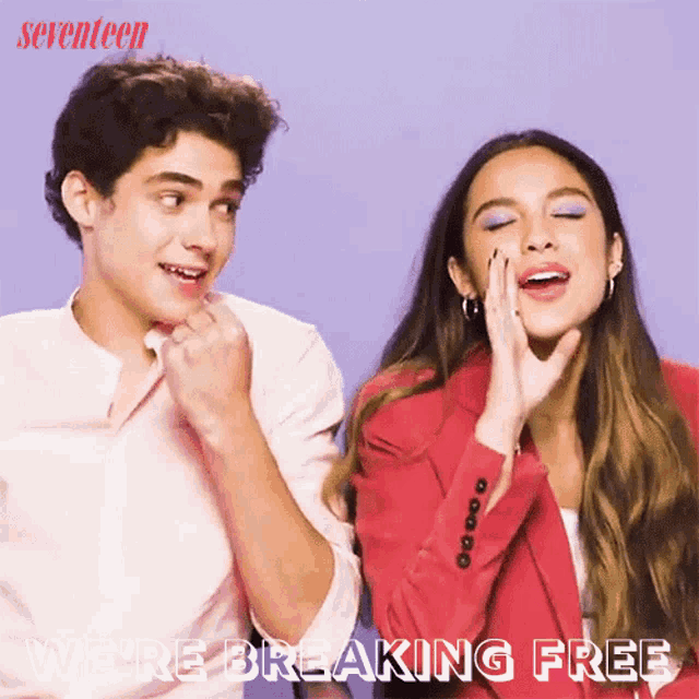 a man and a woman standing next to each other with the words we 're breaking free