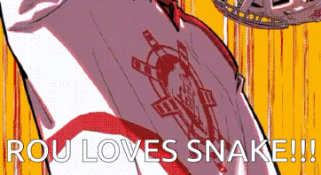a cartoon of a person with a snake on their shirt and the words rou loves snake .