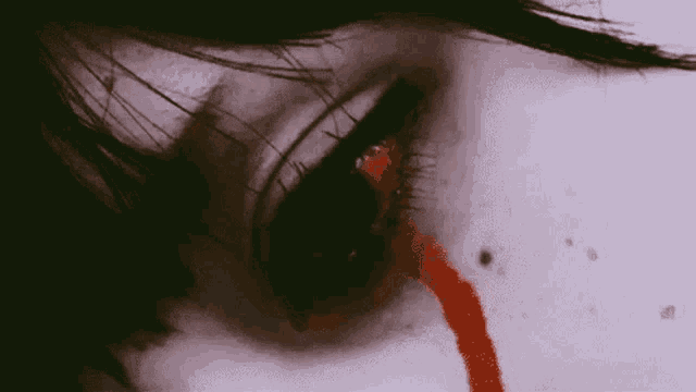a close up of a woman 's eye with blood running down it .