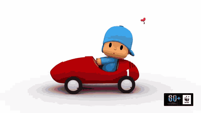 a cartoon character is driving a red car with the number 1