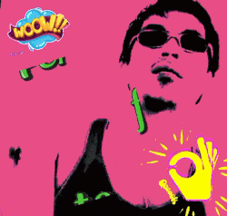 a man wearing sunglasses is on a blue background with per fec ito written in green
