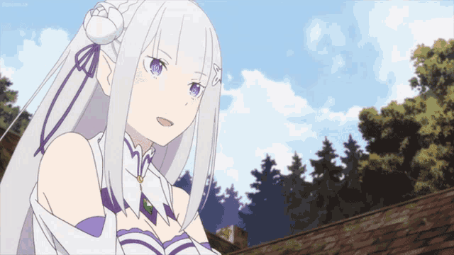 a girl with white hair and purple eyes is standing in front of a forest