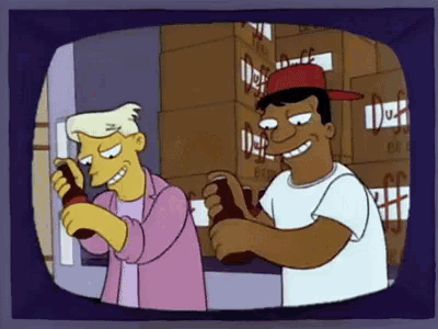 two cartoon characters are standing in front of a stack of duff beer