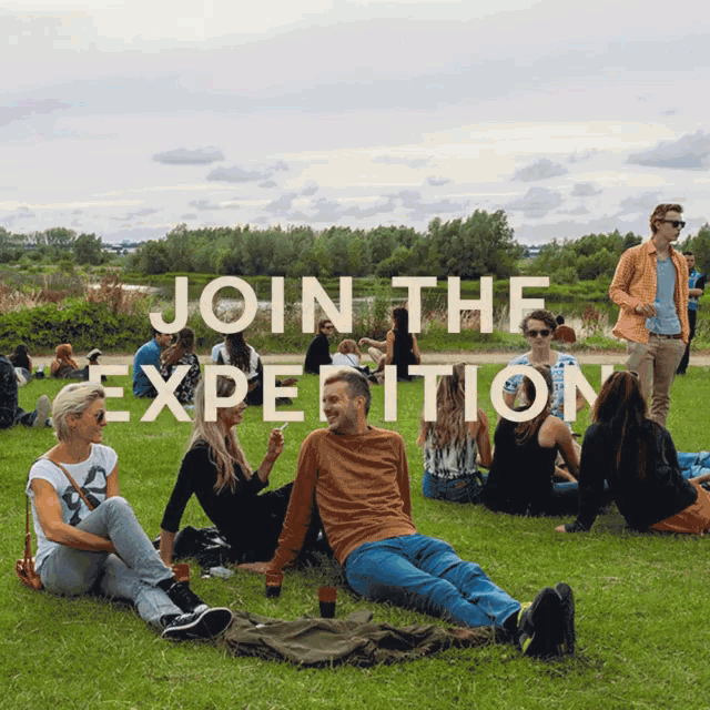 a group of people are sitting in the grass with the words join the expedition written above them