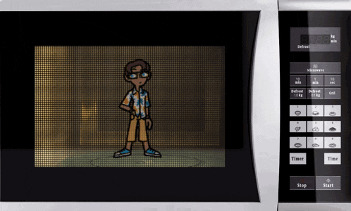 a cartoon of a man standing in front of a microwave with a timer and stop button