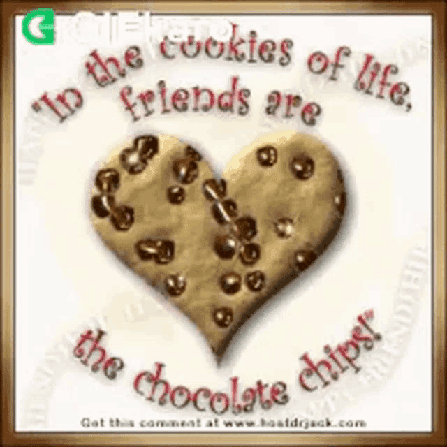 a picture of a heart shaped chocolate chip cookie with the words in the cookies of life friends are the chocolate chips