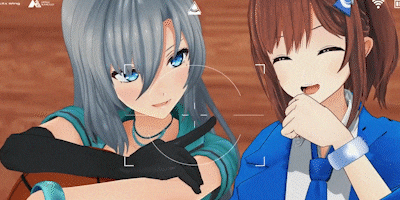 two anime girls are posing for a picture and one is pointing