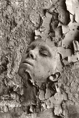 a black and white photo of a person 's face on a wall with a caption that says public