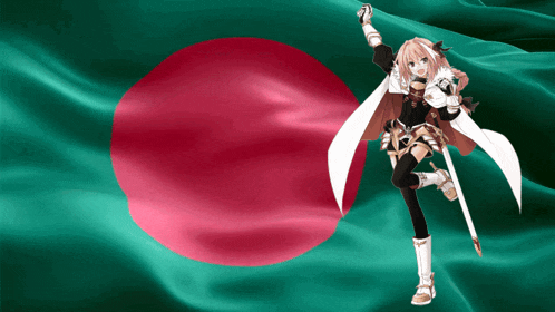 a girl with a sword stands in front of a flag