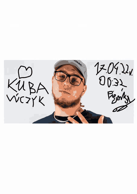 a man wearing glasses and a hat stands in front of a white board with the date 17.04.22 written on it