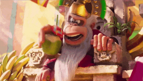 a cartoon monkey with a beard is sitting on a throne and drinking from a straw