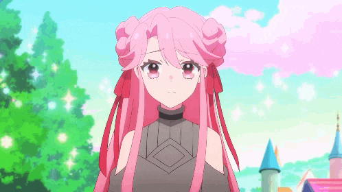 a girl with pink hair is wearing a black top