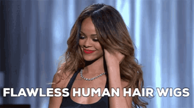 a picture of a woman with the words flawless human hair wigs written below her