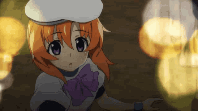 a girl with orange hair and purple eyes is wearing a white hat and a purple bow tie