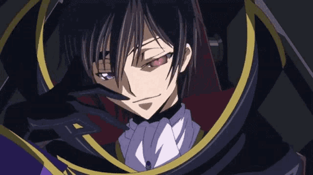 a close up of a anime character with red eyes and a black cape