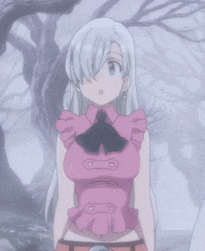 a girl with white hair and a pink shirt is standing in front of trees .