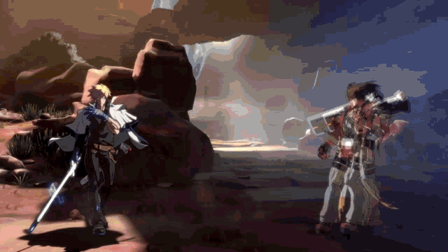 a cartoon of a man holding a sword and another man holding a gun