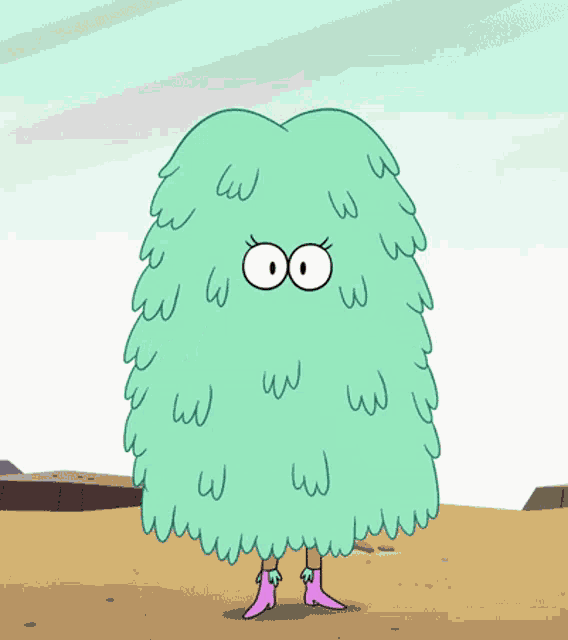 a cartoon character with a striped sweater and pink shorts has a huge amount of hair