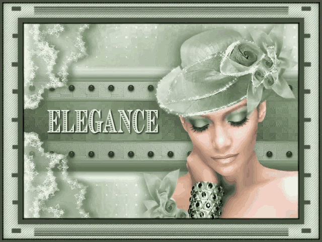a woman wearing a green hat with the word elegance on the bottom