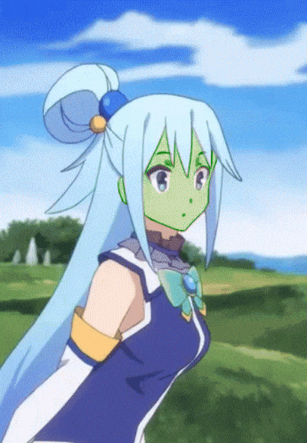 a girl with long blue hair and a green face