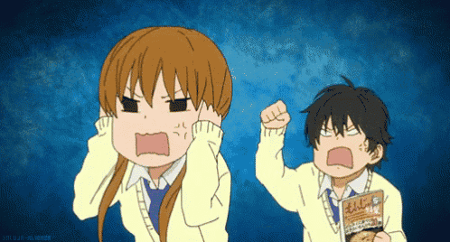a cartoon of a boy and a girl screaming and holding a box that says ramen