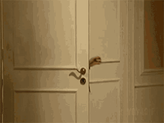 a woman in a blue dress is standing behind a door .