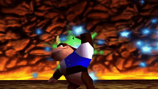 a video game character is standing in front of a firey background