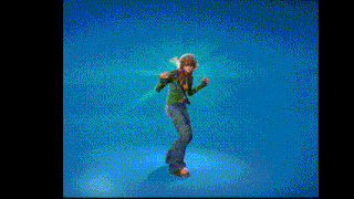 a woman in a green shirt and jeans is dancing in front of a blue background
