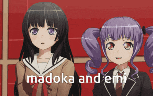 two anime girls standing next to each other with the words madoka and emi on the bottom right